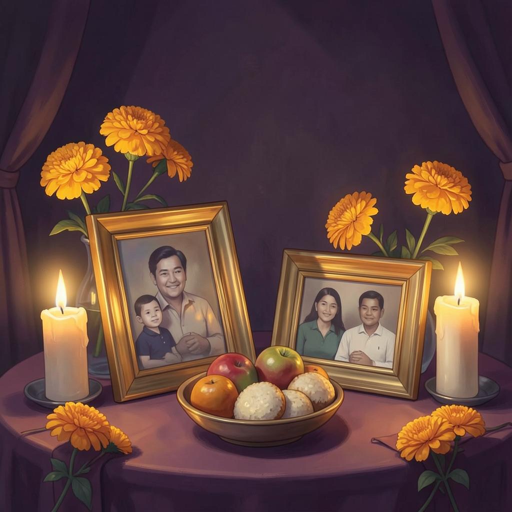 A warm remembrance altar with glowing candles, flowers, and family photographs, celebrating loved ones who have passed