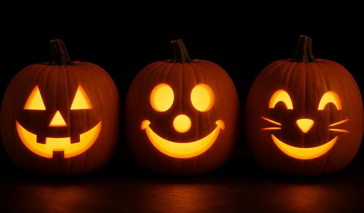 Three traditional carved lantern faces glowing side by side: the classic triangle face, a round smiling face, and a gentle cat face