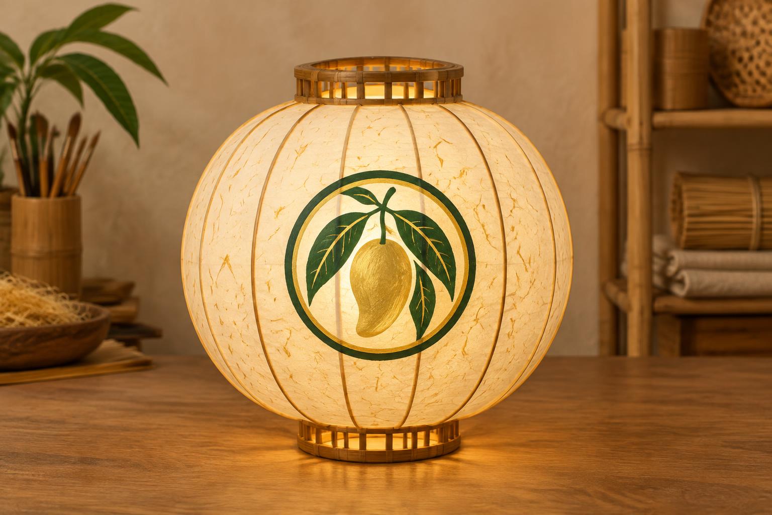 A rounded handmade paper lantern with a simple mango brand emblem