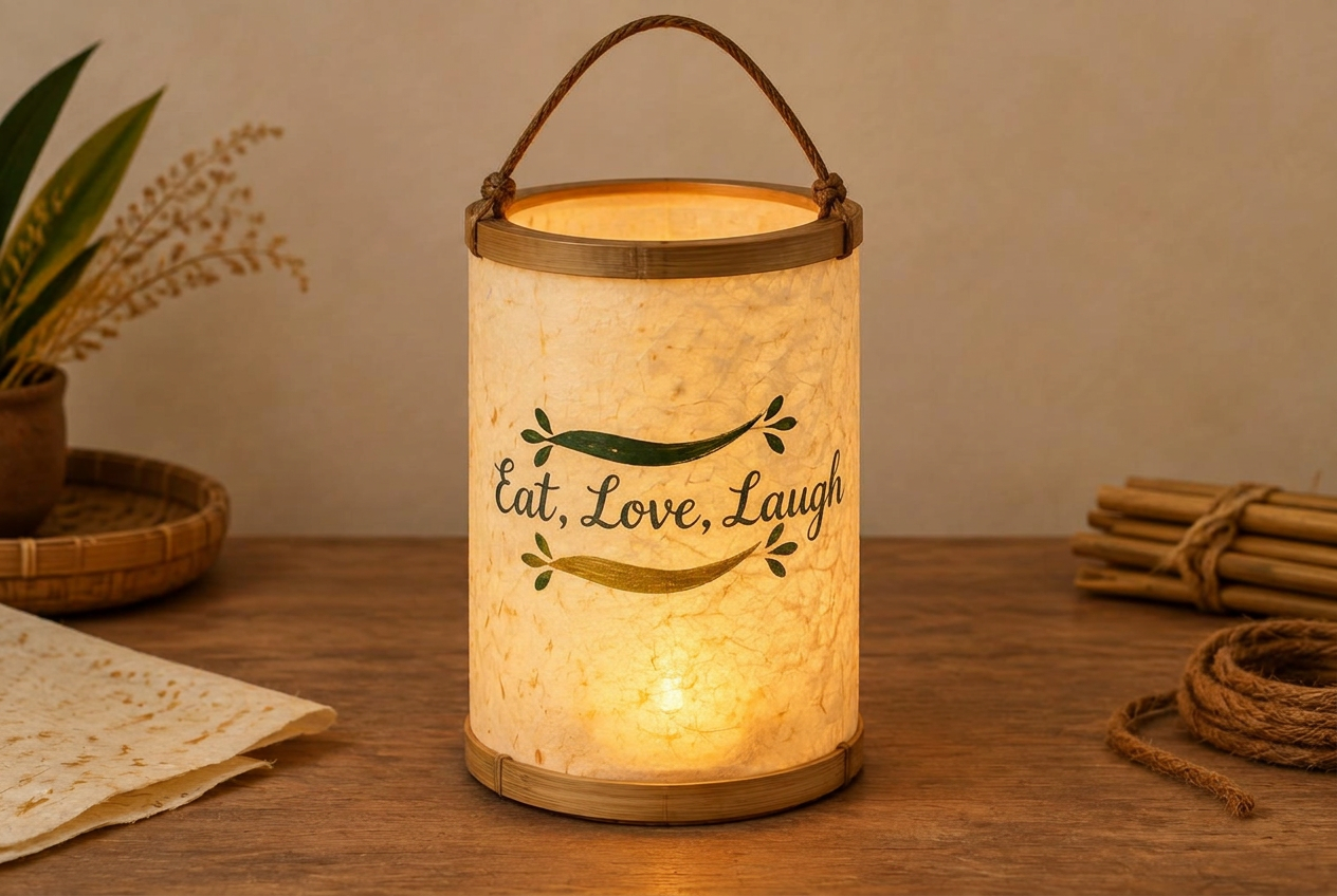 A round handmade paper lantern with a short hand-painted motto design