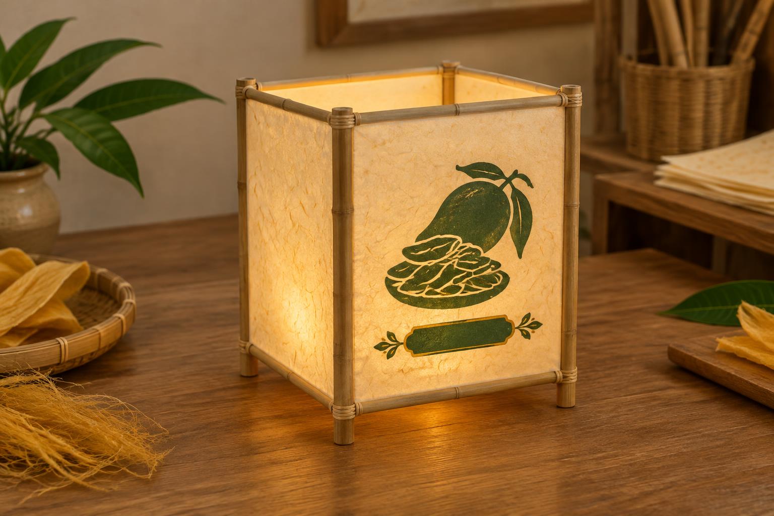 A square handmade paper lantern with a simple mango product image and label panel
