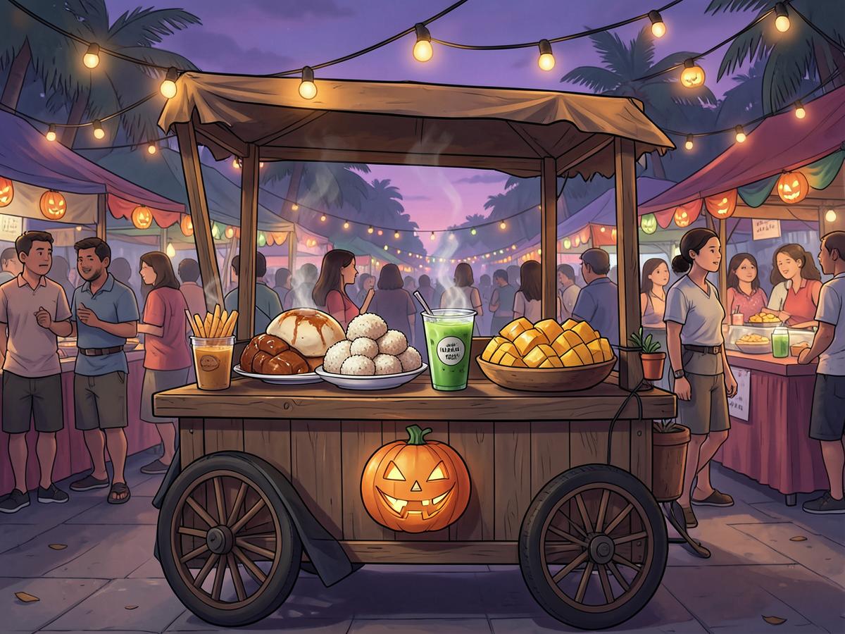 A local food cart serving fresh kakanin, buko juice, and mango treats at the Halloween night market