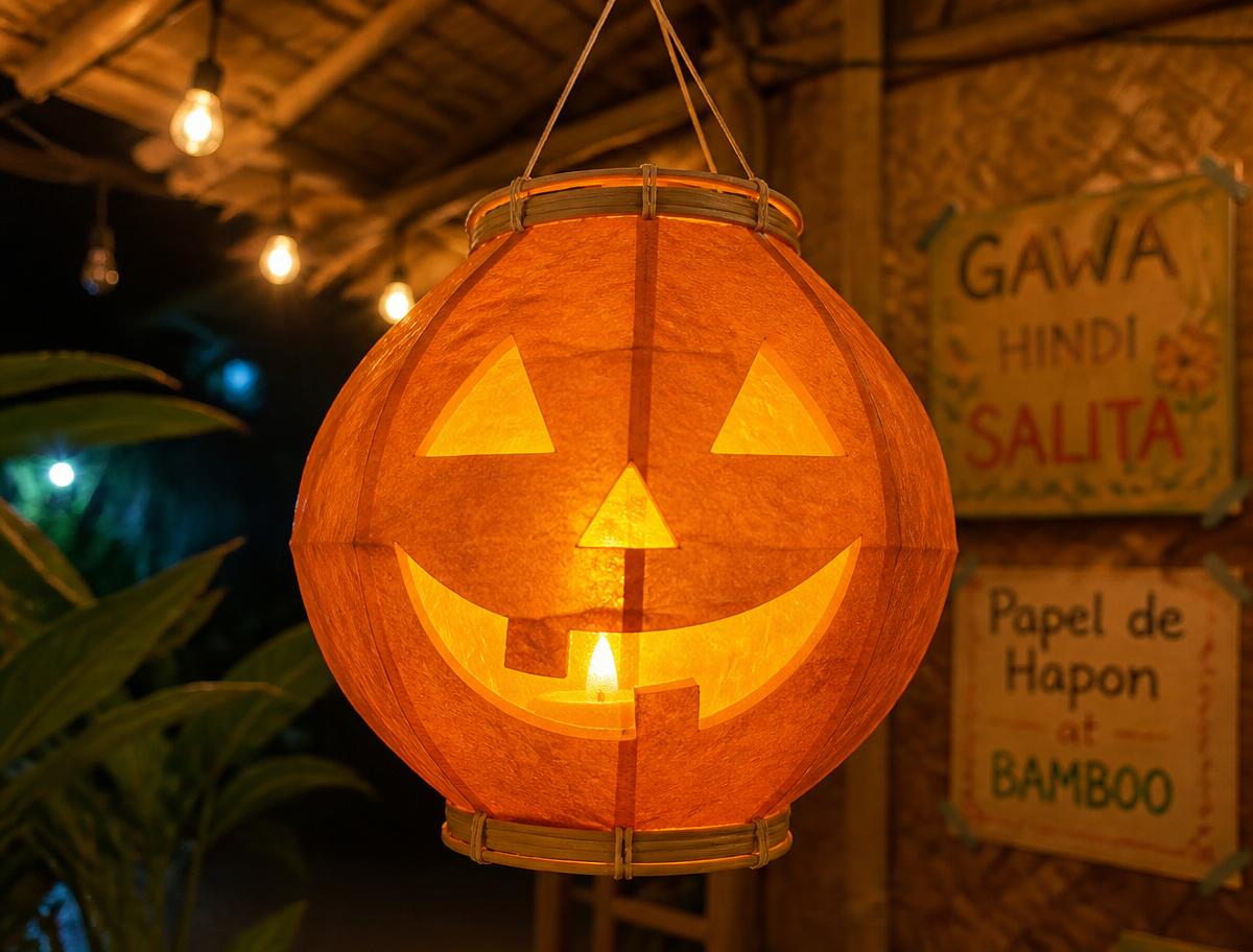 A handmade Filipino paper lantern shaped like a jack-o'-lantern, made from orange papel de hapon over a bamboo frame and glowing from an LED tea light inside