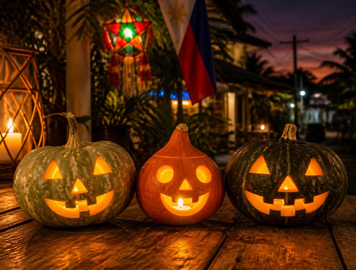 Three carved squash lanterns glowing on a wooden table at night: a pale green kalabasa, an orange potimarron, and a dark green Hokkaido squash