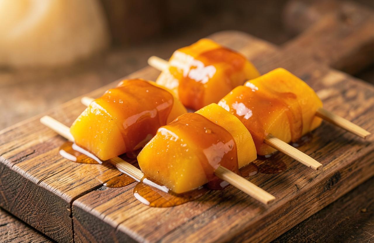 Caramel-coated fresh mango pieces on bamboo sticks on a wooden board