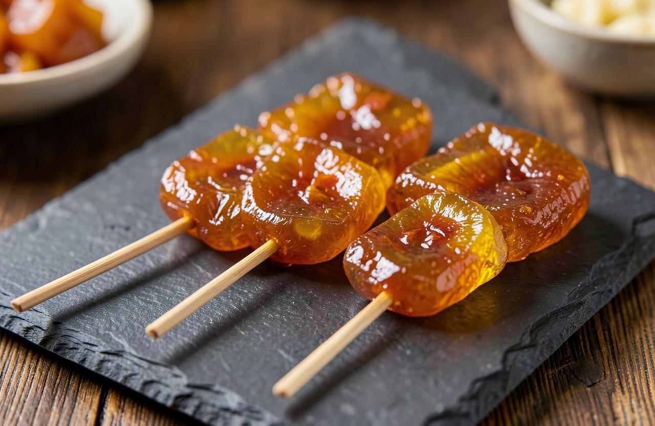 Mango caramel lollipops on bamboo sticks on a slate plate