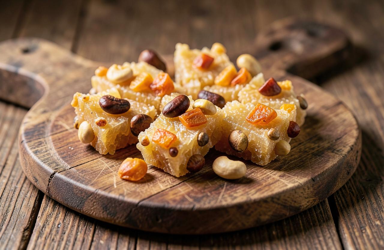 Shards of golden brittle studded with cashews and dried mango on a wooden board
