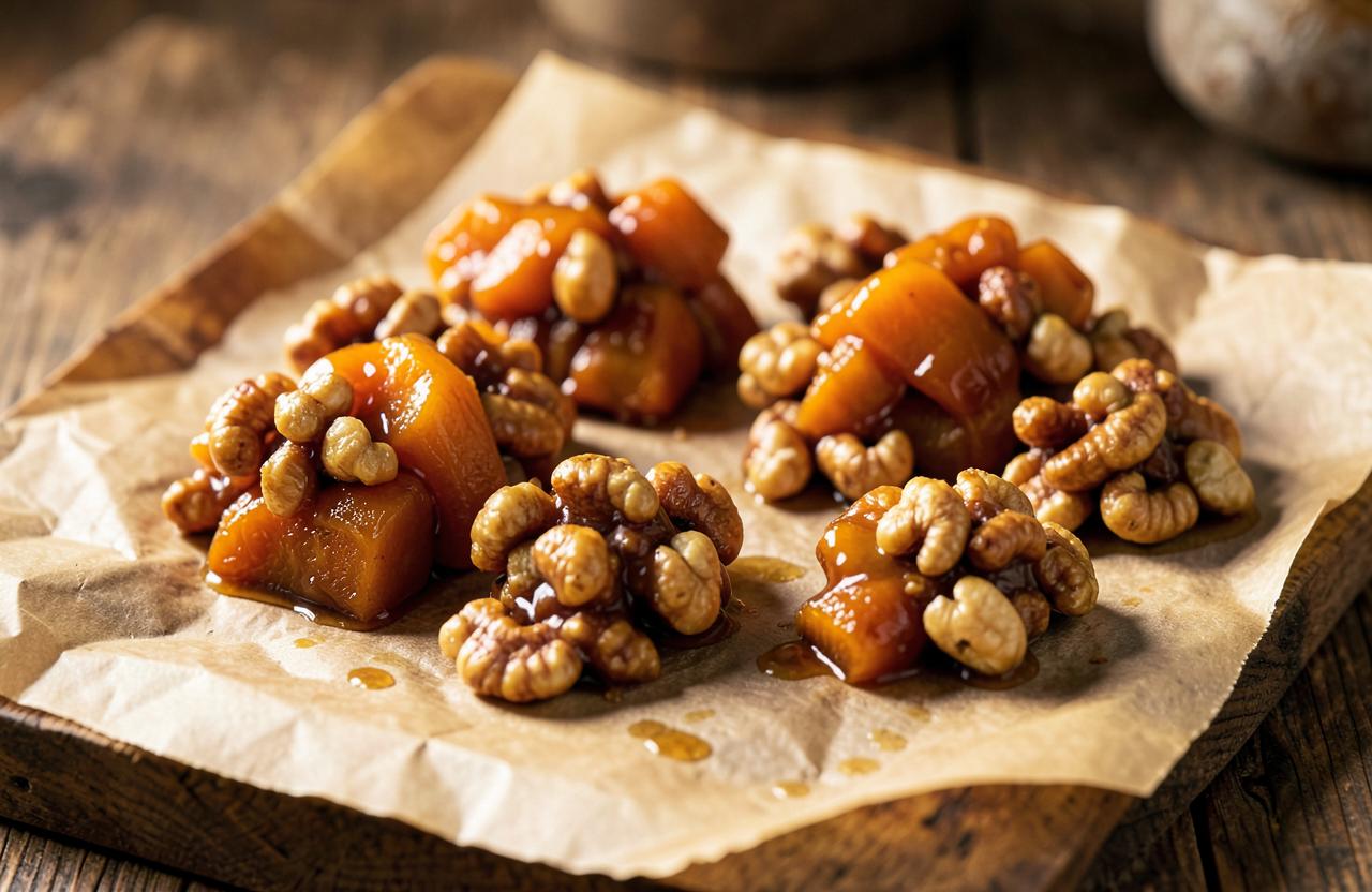 Clusters of dried mango and roasted cashews bound in caramel on parchment