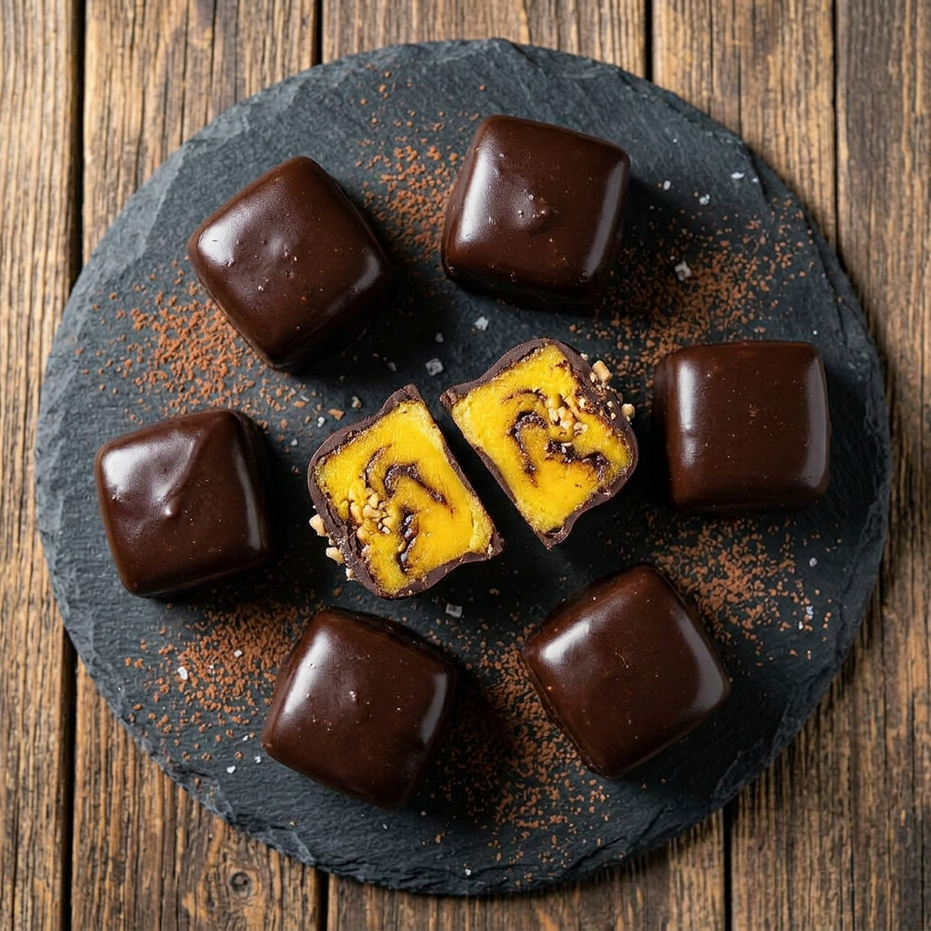 Dark chocolate mango bites cut open to show a creamy golden mango centre