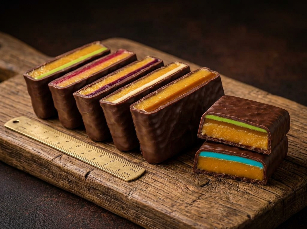 Six wrapped mango chocolate candy bars fanned on a wooden board with one bar cut open showing a thick golden mango filling topped by a thin distinct accent layer
