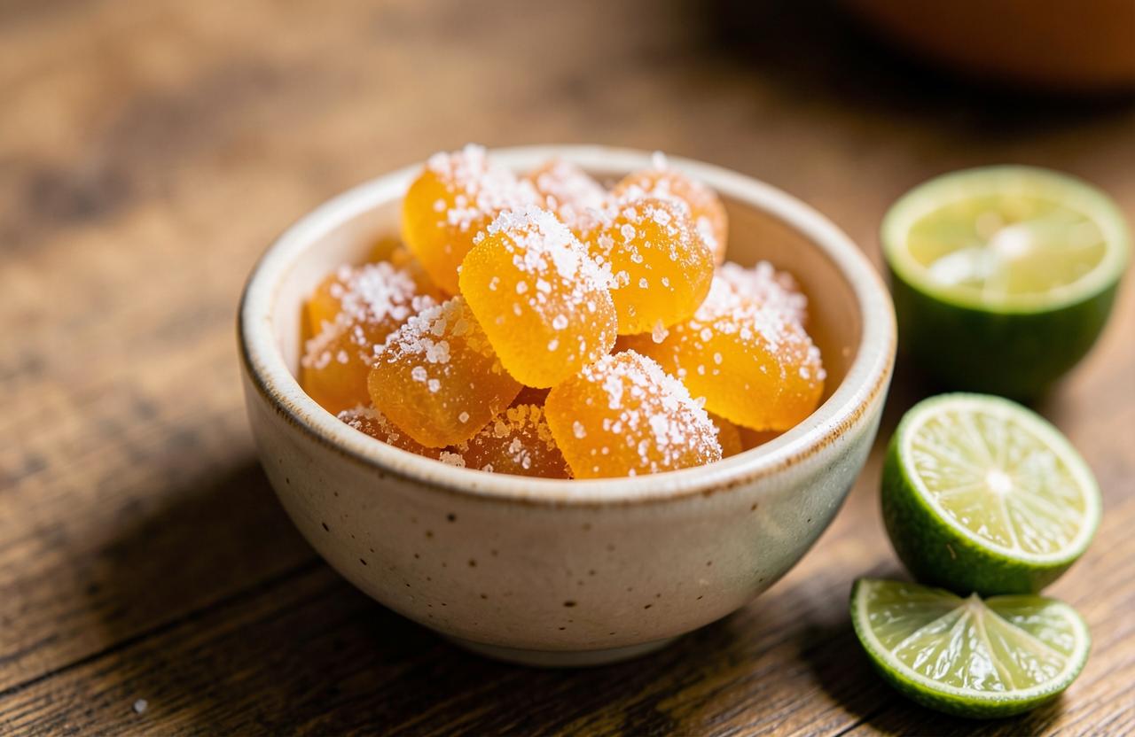 Golden mango gummy candies dusted in sour sugar in a small bowl with calamansi