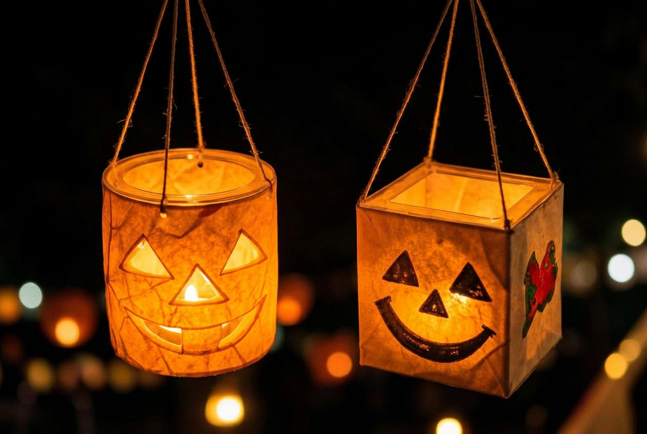 Two glowing wax-paper jack-o'-lanterns hanging in the night air from thin strings — one round with a cut-out face, one square with a painted face