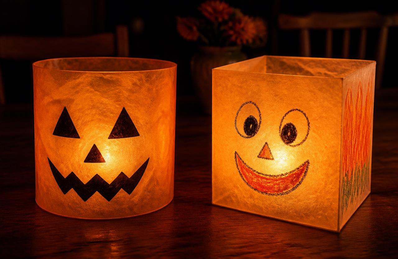 Two glowing handmade wax-paper jack-o'-lanterns side by side: a round cylinder with a cut-out triangle face, and a square box with a painted smile face