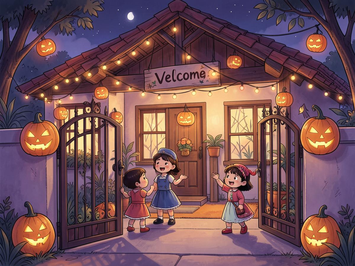 A welcoming family home decorated with glowing jack-o'-lanterns and warm lights